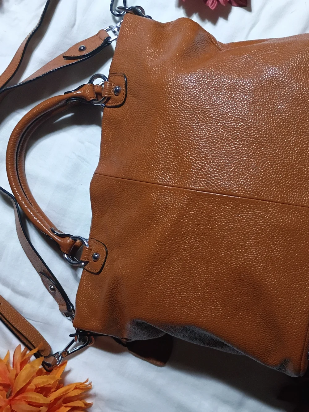 Structured Pebbled Satchel in Cognac Orange